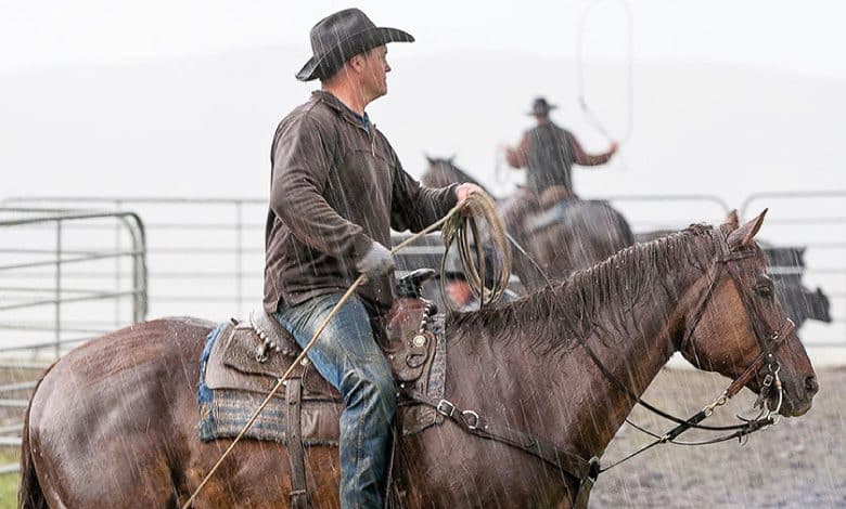 Cowboy with hat under the rain